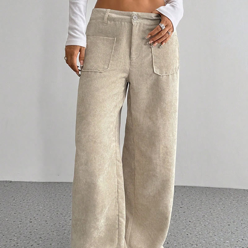 Pantalon large en velours côtelé uni et polyester Buddha Stones pour femme, avec boutons et poches - image 5