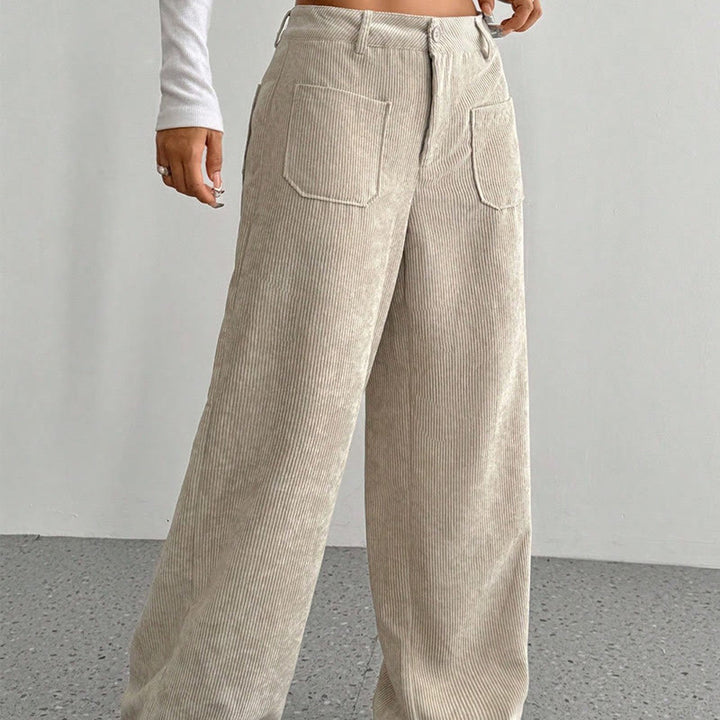Pantalon large en velours côtelé uni et polyester Buddha Stones pour femme, avec boutons et poches - image 4