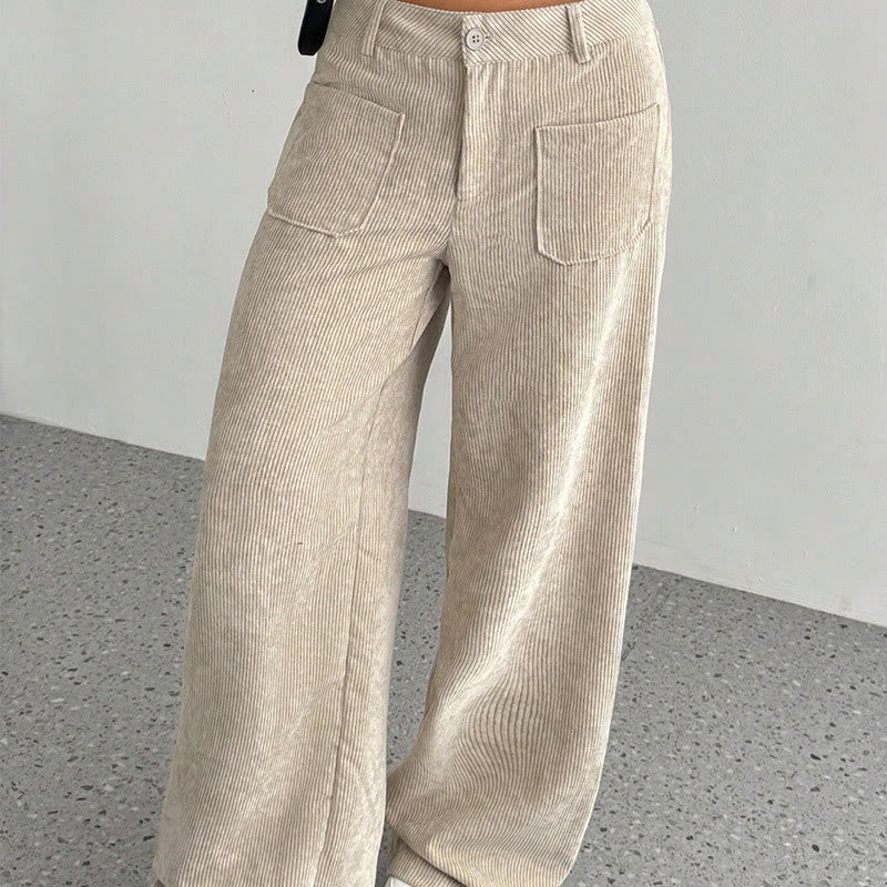 Pantalon large en velours côtelé uni et polyester Buddha Stones pour femme, avec boutons et poches - image 2