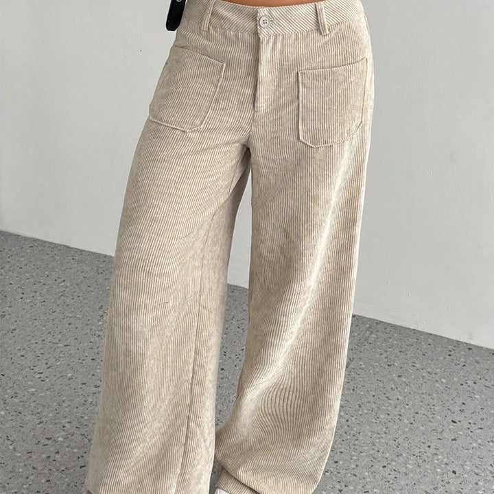 Pantalon large en velours côtelé uni et polyester Buddha Stones pour femme, avec boutons et poches - image 2