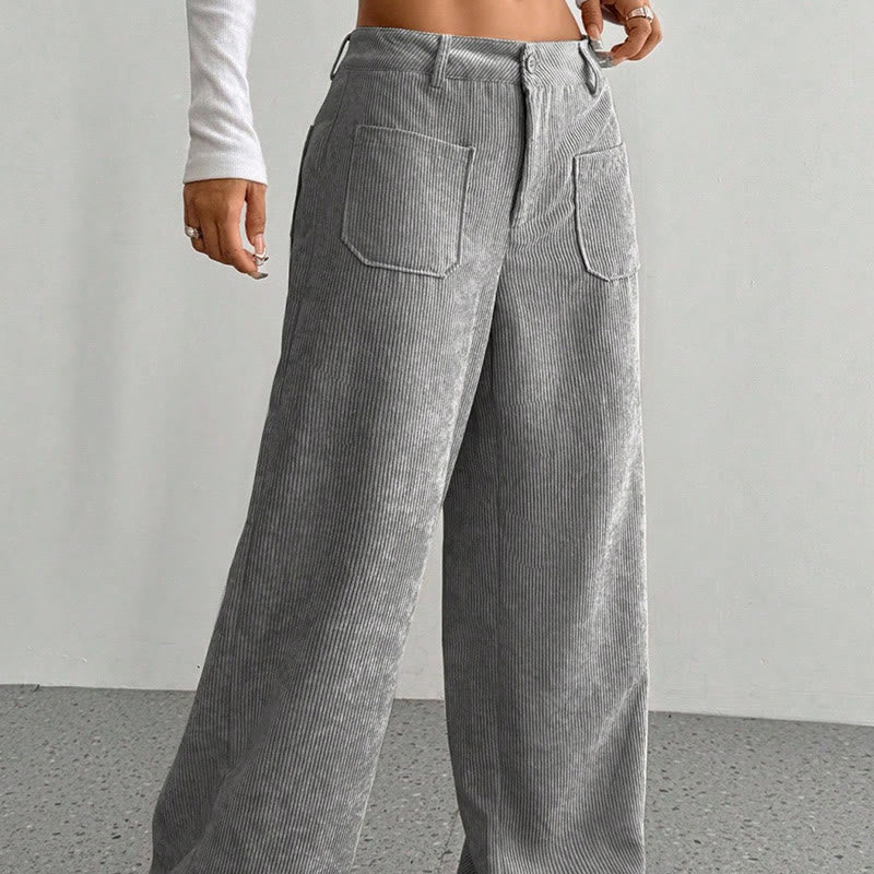 Pantalon large en velours côtelé uni et polyester Buddha Stones pour femme, avec boutons et poches - image 11