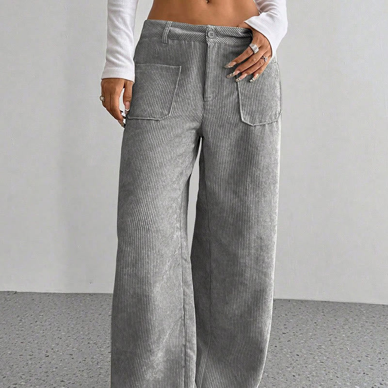 Pantalon large en velours côtelé uni et polyester Buddha Stones pour femme, avec boutons et poches - image 9