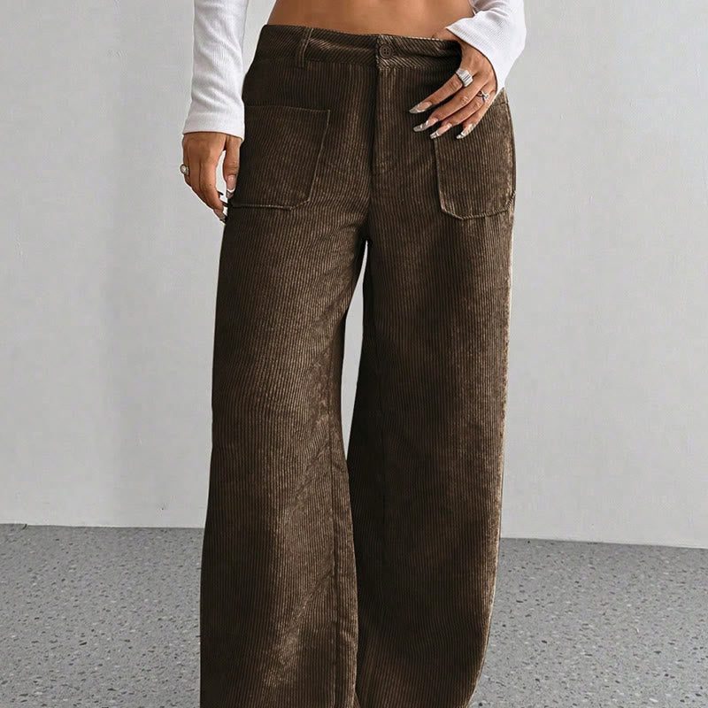 Pantalon large en velours côtelé uni et polyester Buddha Stones pour femme, avec boutons et poches - image 17
