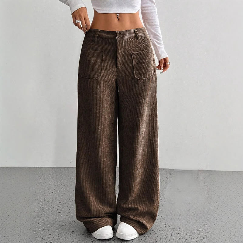 Pantalon large en velours côtelé uni et polyester Buddha Stones pour femme, avec boutons et poches - SaddleBrown - US14，UK/AU18，EU46 (2XL) - image 12