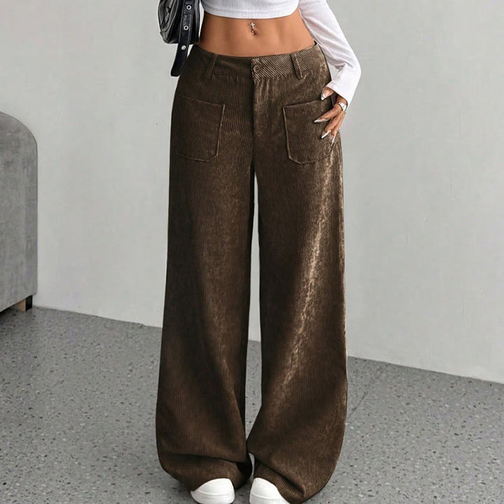 Pantalon large en velours côtelé uni et polyester Buddha Stones pour femme, avec boutons et poches - image 15