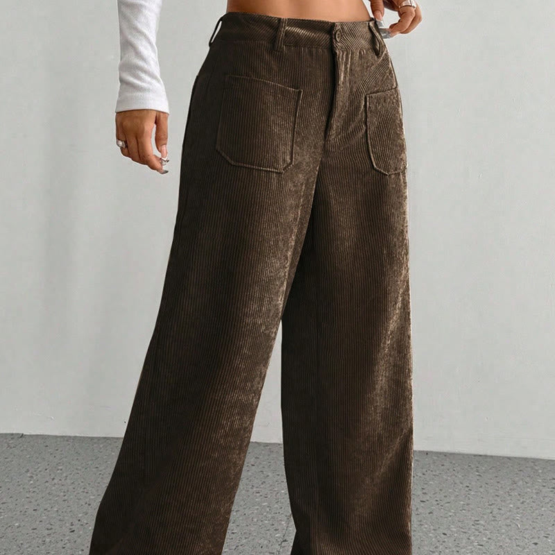 Pantalon large en velours côtelé uni et polyester Buddha Stones pour femme, avec boutons et poches - image 14
