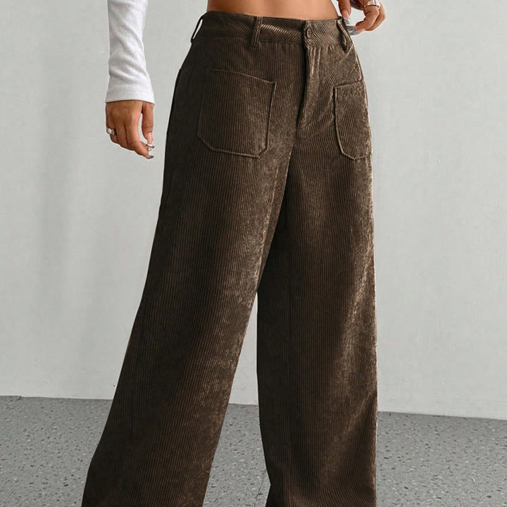 Pantalon large en velours côtelé uni et polyester Buddha Stones pour femme, avec boutons et poches - image 14