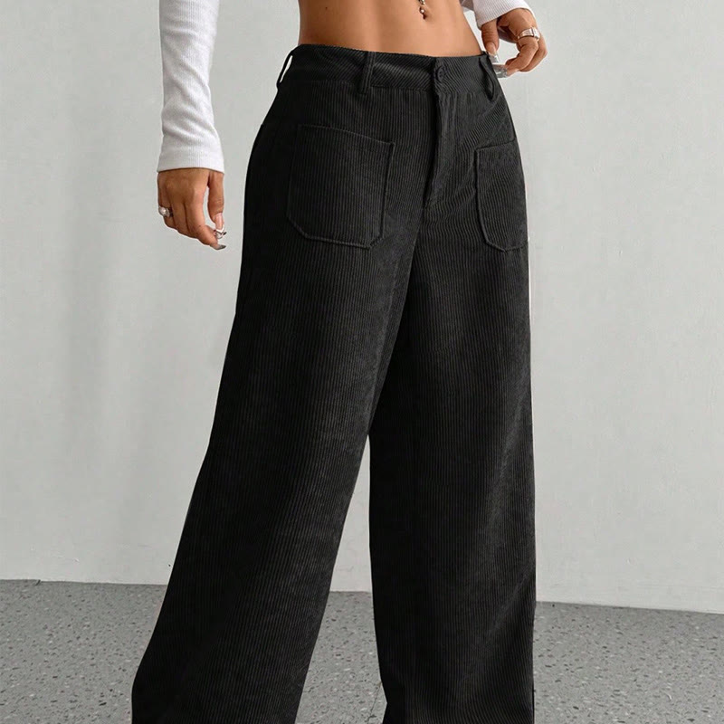 Pantalon large en velours côtelé uni et polyester Buddha Stones pour femme, avec boutons et poches - image 19
