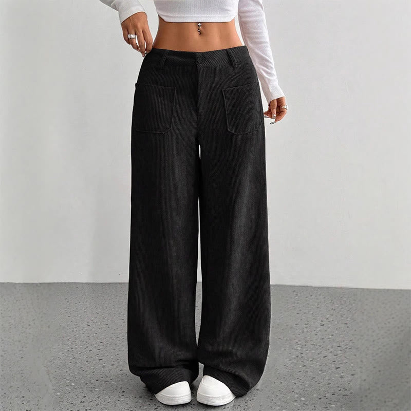 Pantalon large en velours côtelé uni et polyester Buddha Stones pour femme, avec boutons et poches - Noir - US14，UK/AU18，EU46 (2XL) - image 18