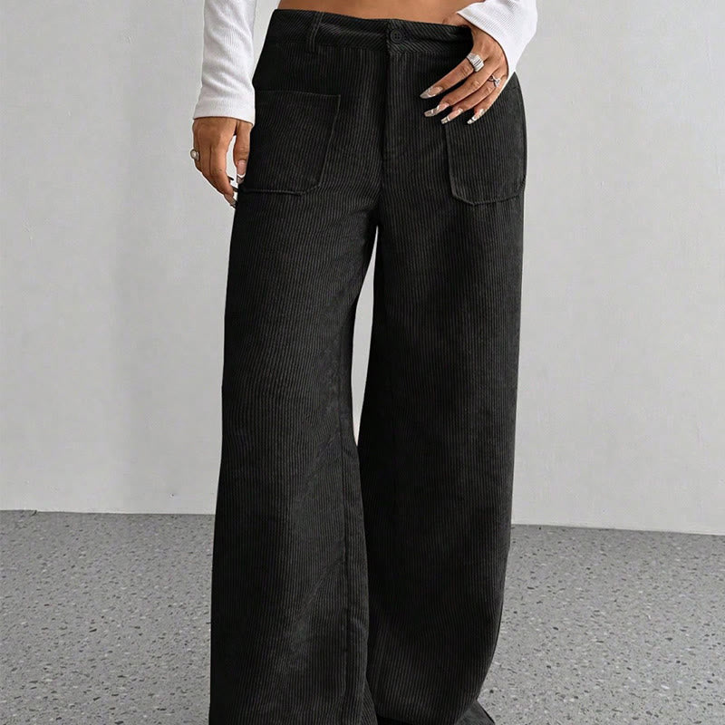 Pantalon large en velours côtelé uni et polyester Buddha Stones pour femme, avec boutons et poches - image 22