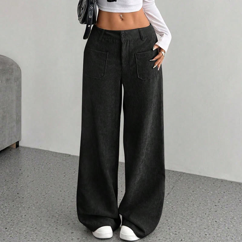 Pantalon large en velours côtelé uni et polyester Buddha Stones pour femme, avec boutons et poches - image 20
