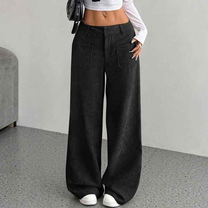 Pantalon large en velours côtelé uni et polyester Buddha Stones pour femme, avec boutons et poches - image 20