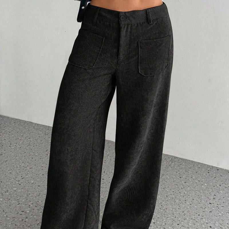 Pantalon large en velours côtelé uni et polyester Buddha Stones pour femme, avec boutons et poches - image 23