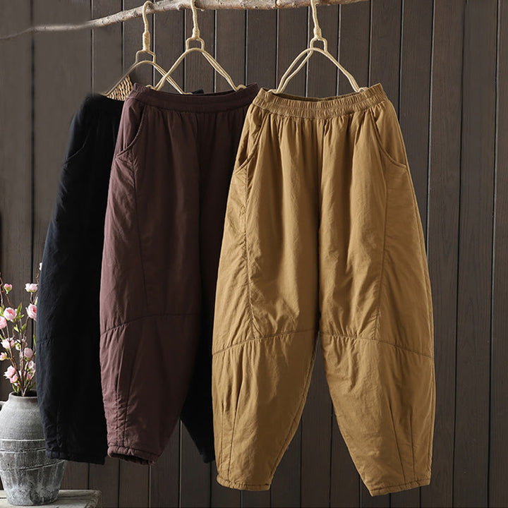 Pantalon sarouel en coton rembourré chaud et uni Buddha Stones pour femme avec poches - image 17