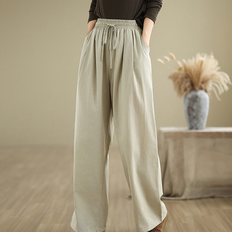 Pantalon décontracté en coton à jambes droites Buddha Stones pour femme avec poches - Beige - US8-10，UK/AU12-14，EU40-42 (2XL) - image 0