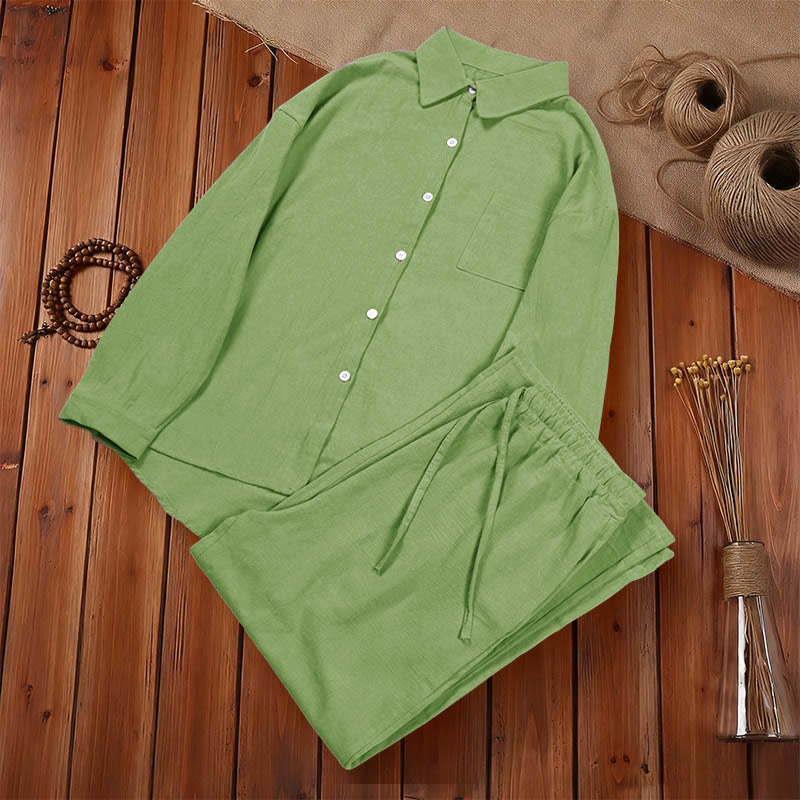 Ensemble 2 pièces pour femme, haut à manches longues avec poches et cordon de serrage, motif Buddha Stones, vêtements de méditation en coton et lin - image 1