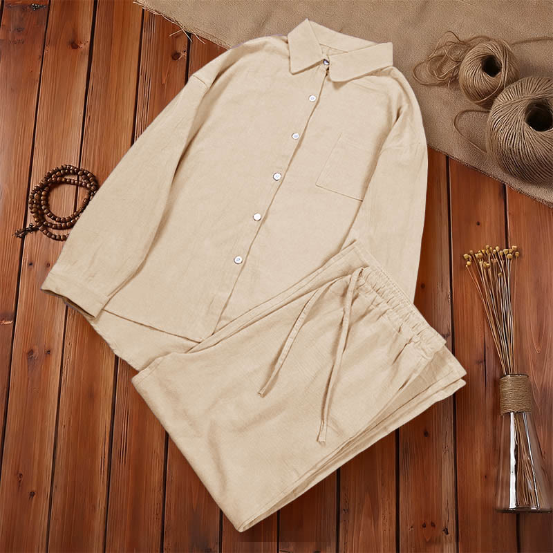 Ensemble 2 pièces pour femme, haut à manches longues avec poches et cordon de serrage, motif Buddha Stones, vêtements de méditation en coton et lin - image 13