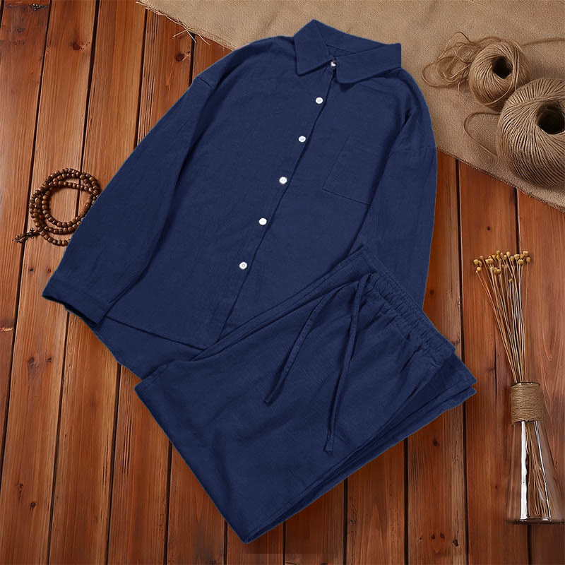 Ensemble 2 pièces pour femme, haut à manches longues avec poches et cordon de serrage, motif Buddha Stones, vêtements de méditation en coton et lin - image 31