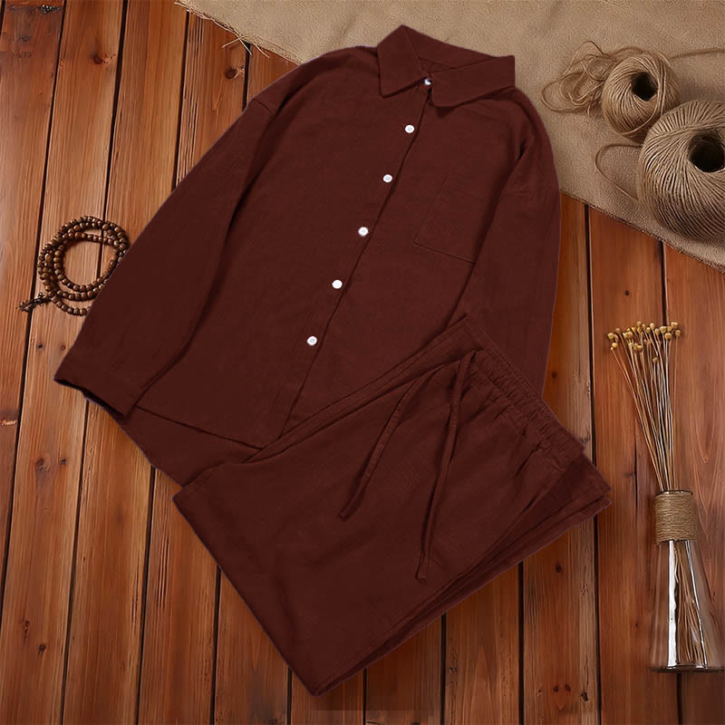 Ensemble 2 pièces pour femme, haut à manches longues avec poches et cordon de serrage, motif Buddha Stones, vêtements de méditation en coton et lin - image 37