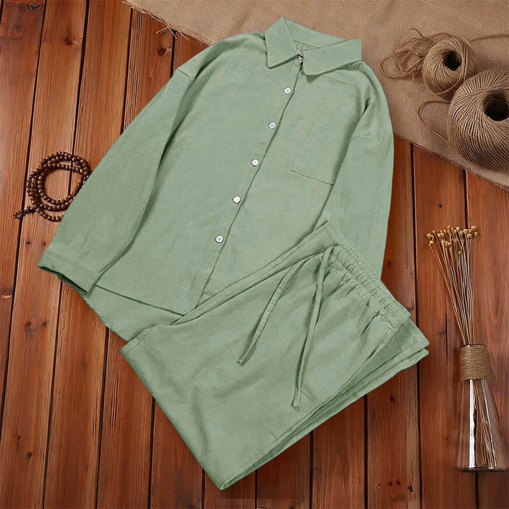Ensemble 2 pièces pour femme, haut à manches longues avec poches et cordon de serrage, motif Buddha Stones, vêtements de méditation en coton et lin - image 43