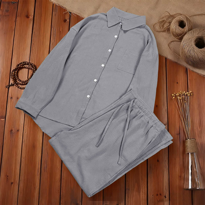 Ensemble 2 pièces pour femme, haut à manches longues avec poches et cordon de serrage, motif Buddha Stones, vêtements de méditation en coton et lin - image 49