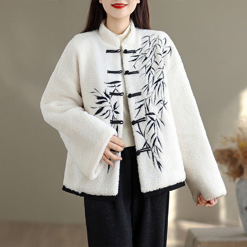 Veste brodée à manches longues en coton épais avec poches pour femme Buddha Stones - Blanc - US16，UK/AU20，EU48 (3XL) - image 0