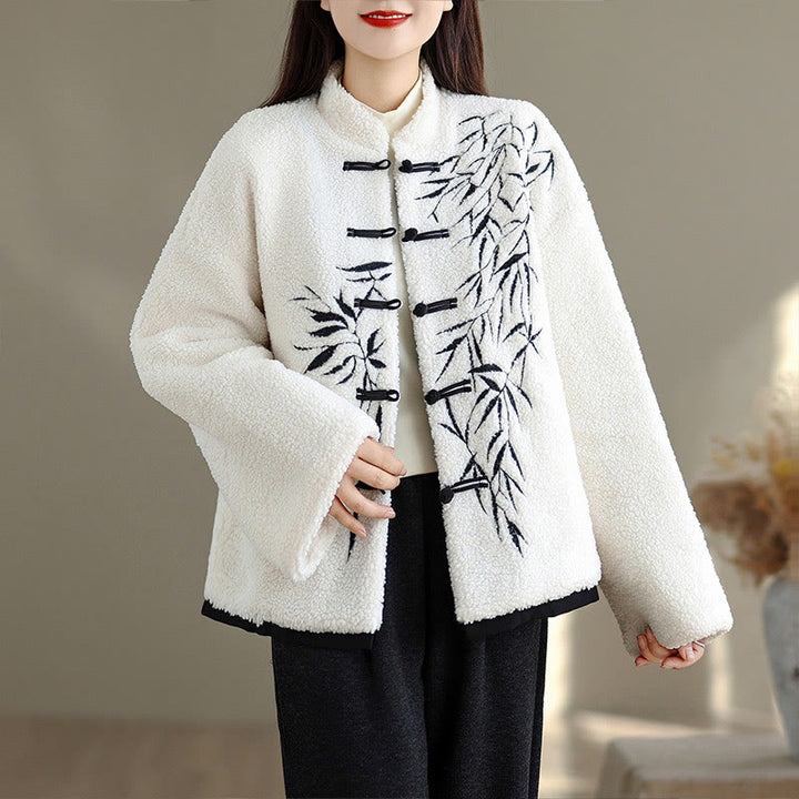 Veste brodée à manches longues en coton épais avec poches pour femme Buddha Stones - Blanc - US16，UK/AU20，EU48 (3XL) - image 0