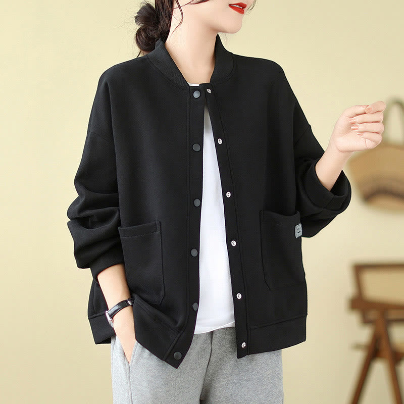 Veste en coton à manches longues et col ras du cou pour femme avec poches et boutons Buddha Stones - Noir - US12，UK/AU16，EU44 (XL) - image 0