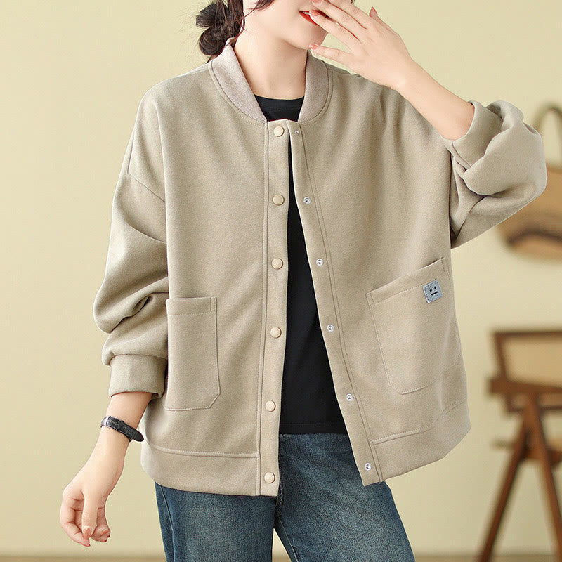 Veste en coton à manches longues et col ras du cou pour femme avec poches et boutons Buddha Stones - Beige - US12，UK/AU16，EU44 (XL) - image 7