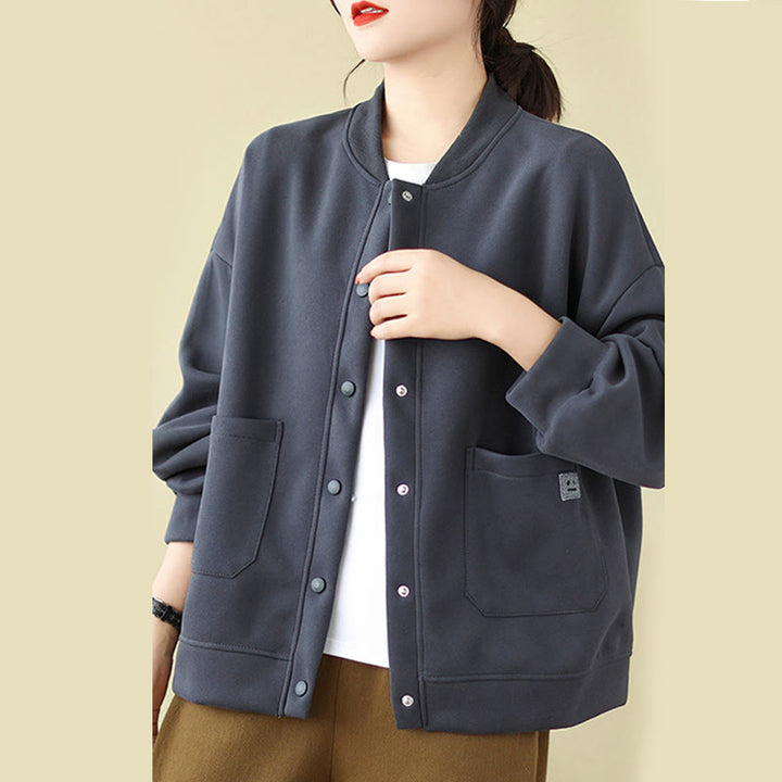 Veste en coton à manches longues et col ras du cou pour femme avec poches et boutons Buddha Stones - Bleu acier - US12，UK/AU16，EU44 (XL) - image 24