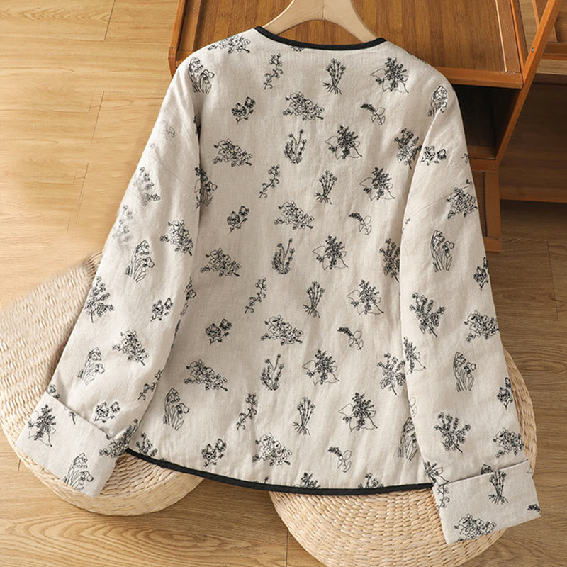 Veste matelassée en coton à manches longues et boutons-grenouille brodés Buddha Stones pour femme avec poches - image 1