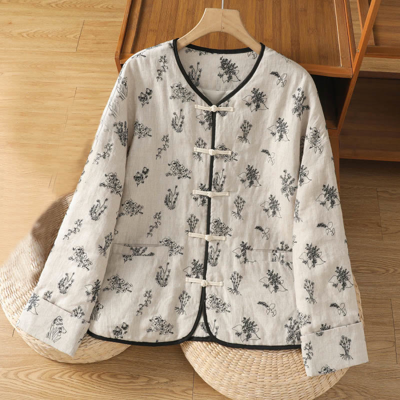 Veste matelassée en coton à manches longues et boutons-grenouille brodés Buddha Stones pour femme avec poches - Blanc - US14，UK/AU18，EU46 (2XL) - image 0