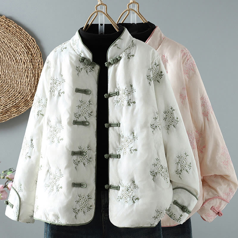 Veste en coton épais à manches longues et boutons grenouille brodés Buddha Stones pour femme avec poches - image 0