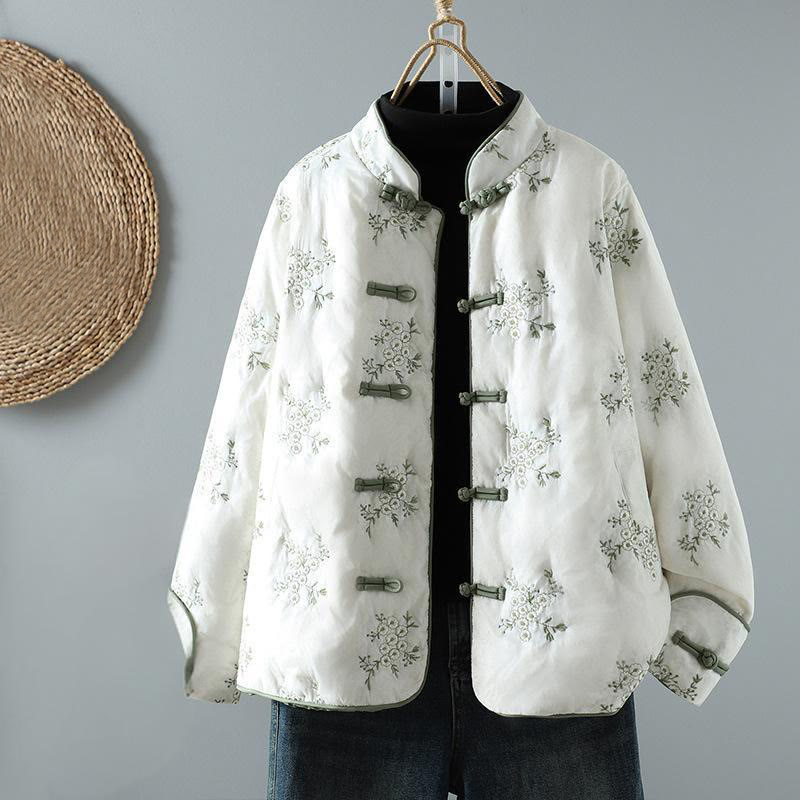 Veste en coton épais à manches longues et boutons grenouille brodés Buddha Stones pour femme avec poches - Blanc - US14，UK/AU18，EU46 (2XL) - image 1