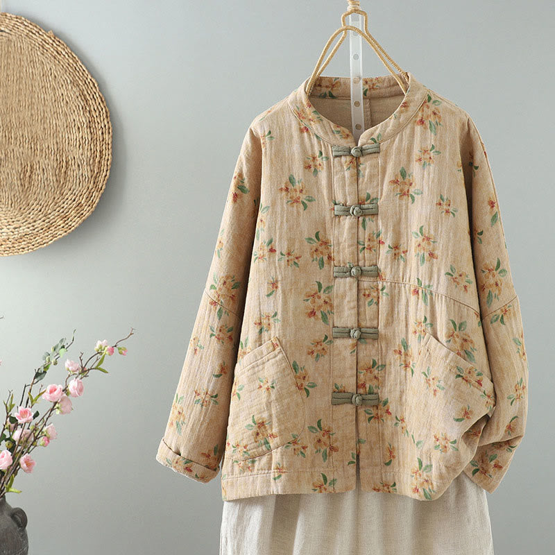 Veste en polyester à manches longues et boutons grenouille pour femme avec imprimé floral Buddha Stones et poches - Mocassin - US14，UK/AU18，EU46 (2XL) - image 0