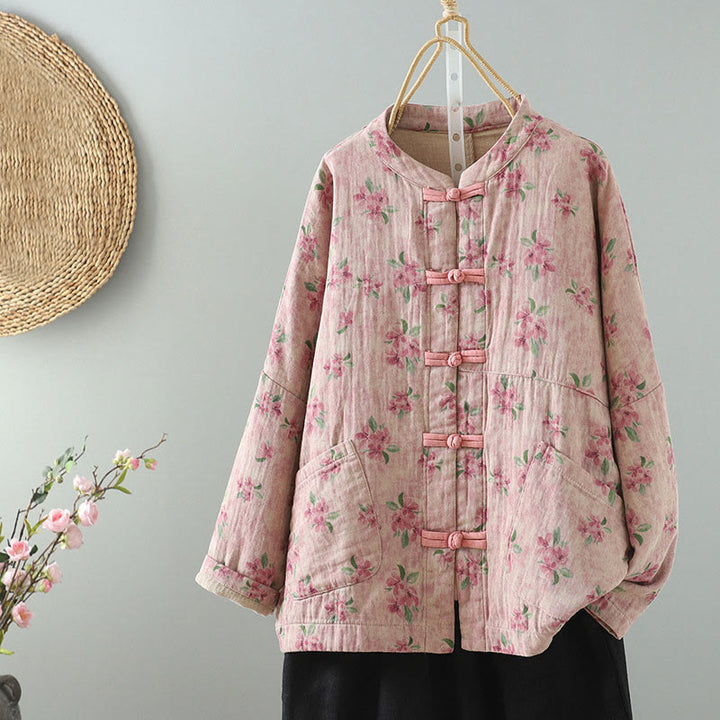 Veste en polyester à manches longues et boutons grenouille pour femme avec imprimé floral Buddha Stones et poches - Rose - US14，UK/AU18，EU46 (2XL) - image 6