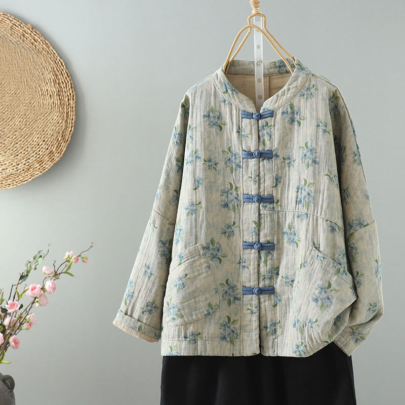Veste en polyester à manches longues et boutons grenouille pour femme avec imprimé floral Buddha Stones et poches - Cyan clair - US14，UK/AU18，EU46 (2XL) - image 16