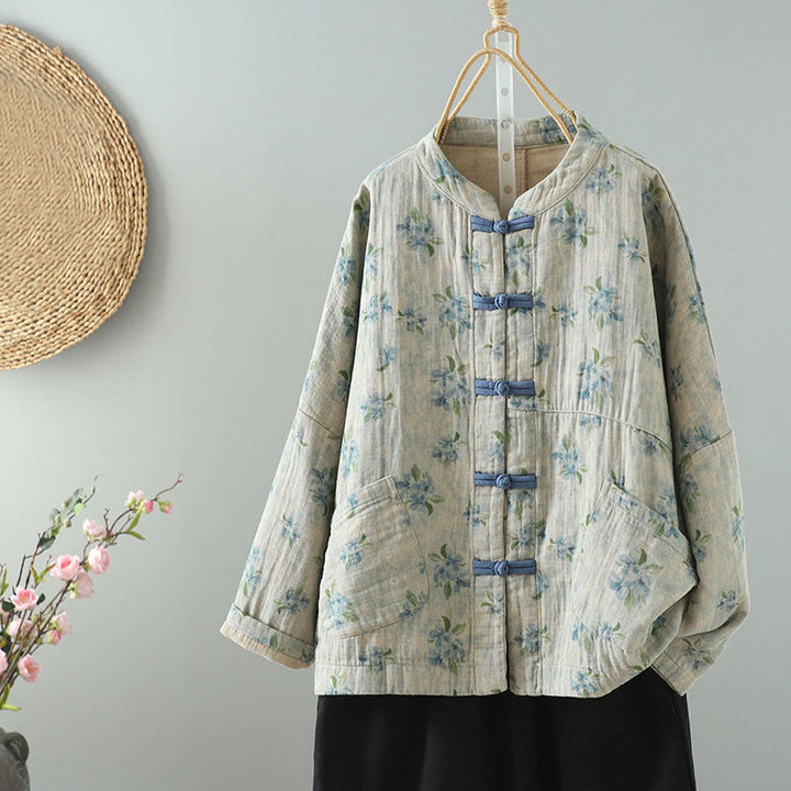 Veste en polyester à manches longues et boutons grenouille pour femme avec imprimé floral Buddha Stones et poches - Cyan clair - US14，UK/AU18，EU46 (2XL) - image 16