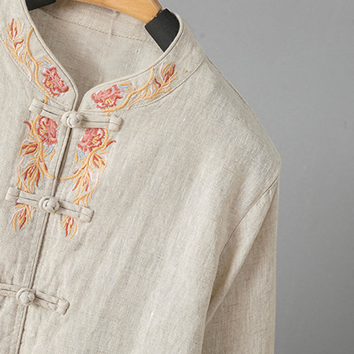 Chemise décontractée en coton à manches longues et col montant pour femme avec broderie Buddha Stones - image 3