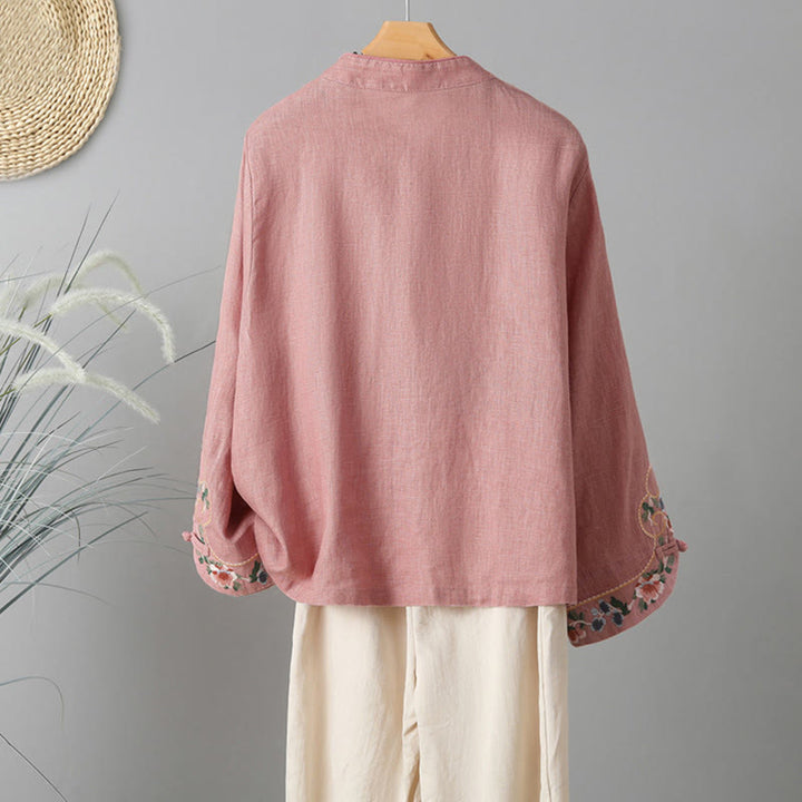 Chemise décontractée en coton à manches longues et col montant pour femme avec broderie Buddha Stones - image 11