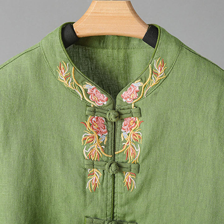 Chemise décontractée en coton à manches longues et col montant pour femme avec broderie Buddha Stones - image 15