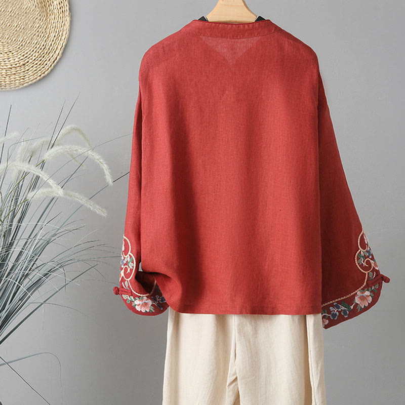 Chemise décontractée en coton à manches longues et col montant pour femme avec broderie Buddha Stones - image 17
