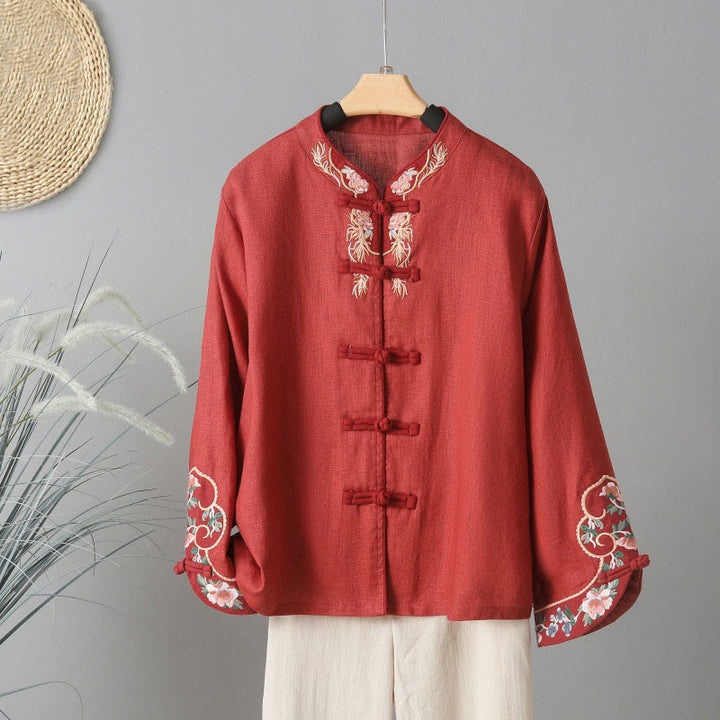 Chemise décontractée en coton à manches longues et col montant pour femme avec broderie Buddha Stones - FireBrick - US14，UK/AU18，EU46 (2XL) - image 16