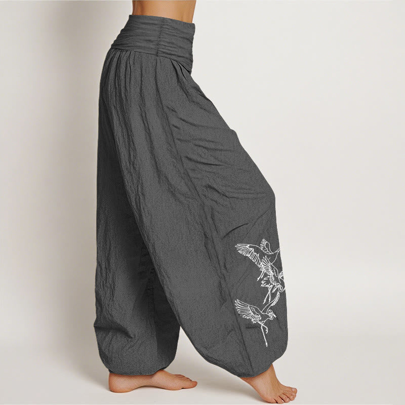 Pantalon sarouel en coton à taille élastique pour femme, motif grue volante et Buddha Stones - image 1