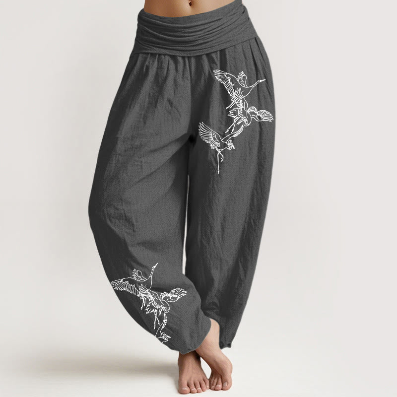 Pantalon sarouel en coton à taille élastique pour femme, motif grue volante et Buddha Stones - Gris terne - US22，UK/AU26，EU54 (6XL) - image 0