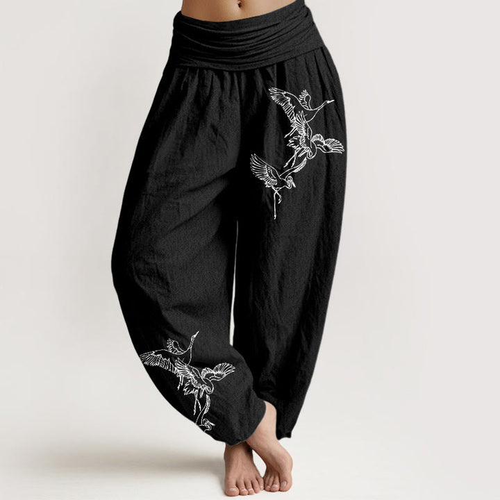 Pantalon sarouel en coton à taille élastique pour femme, motif grue volante et Buddha Stones - Noir - US22，UK/AU26，EU54 (6XL) - image 5