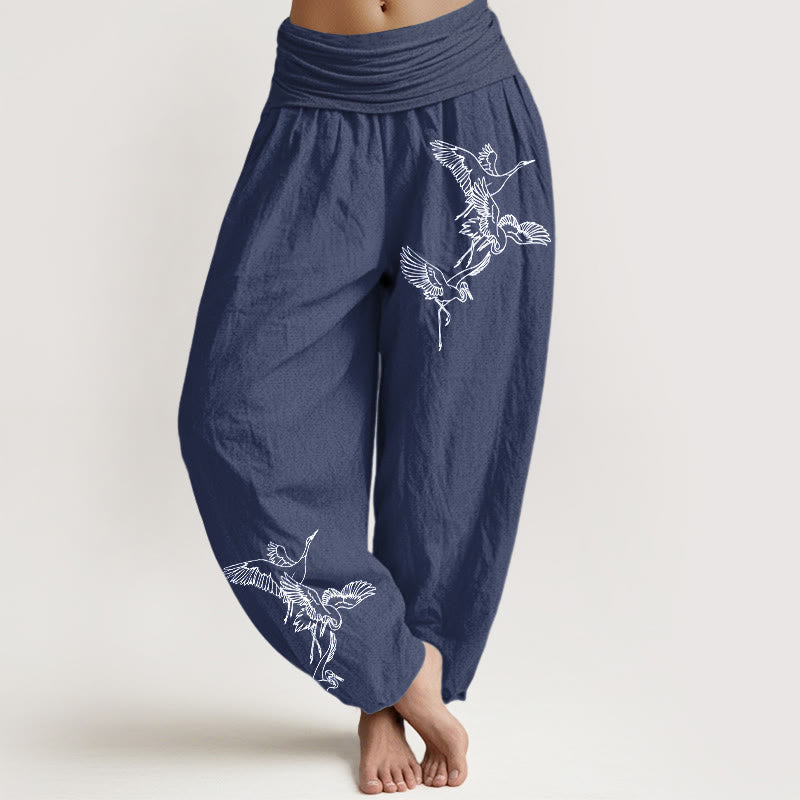 Pantalon sarouel en coton à taille élastique pour femme, motif grue volante et Buddha Stones - Bleu ardoise foncé - US22，UK/AU26，EU54 (6XL) - image 8
