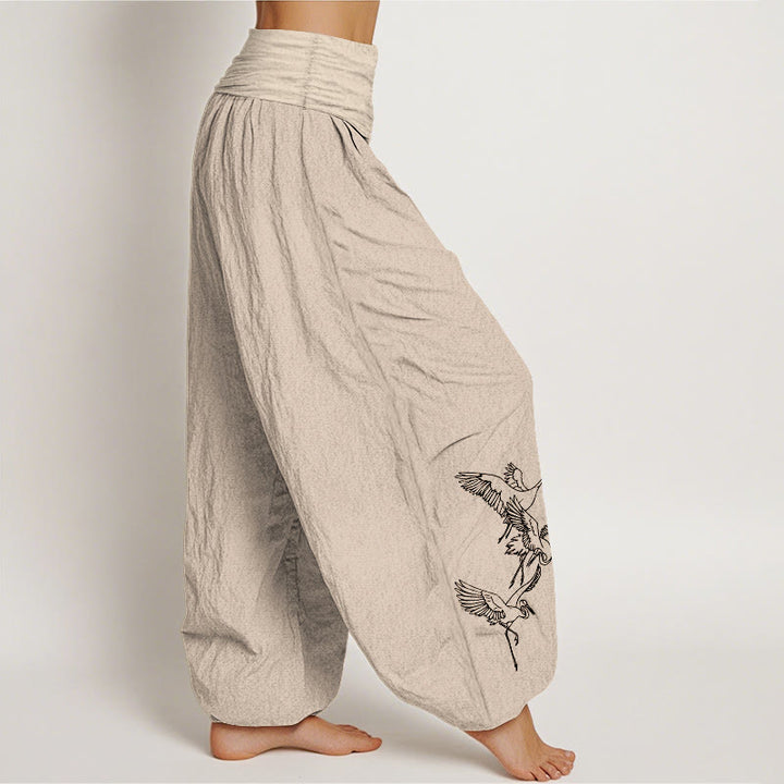 Pantalon sarouel en coton à taille élastique pour femme, motif grue volante et Buddha Stones - image 12