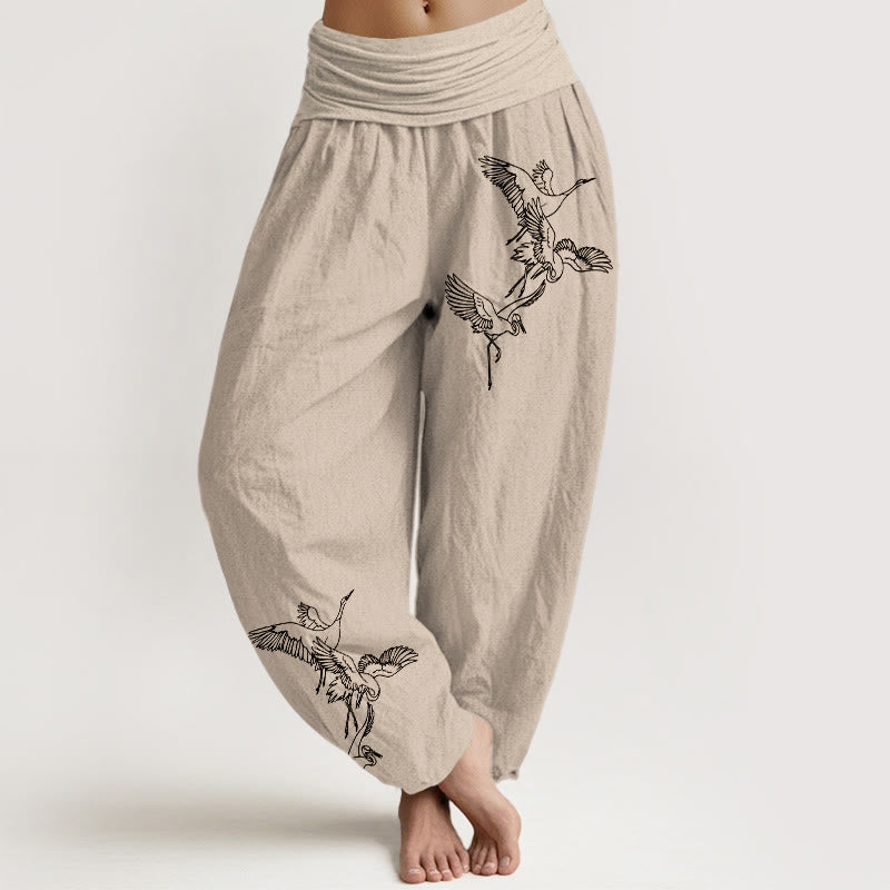 Pantalon sarouel en coton à taille élastique pour femme, motif grue volante et Buddha Stones - Tanné - US22，UK/AU26，EU54 (6XL) - image 11