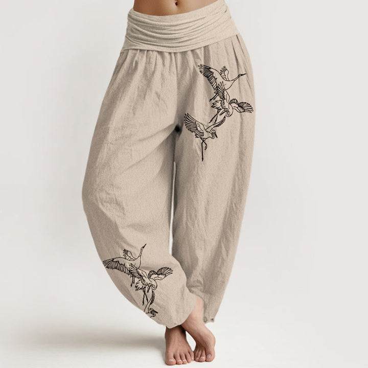 Pantalon sarouel en coton à taille élastique pour femme, motif grue volante et Buddha Stones - Tanné - US22，UK/AU26，EU54 (6XL) - image 11
